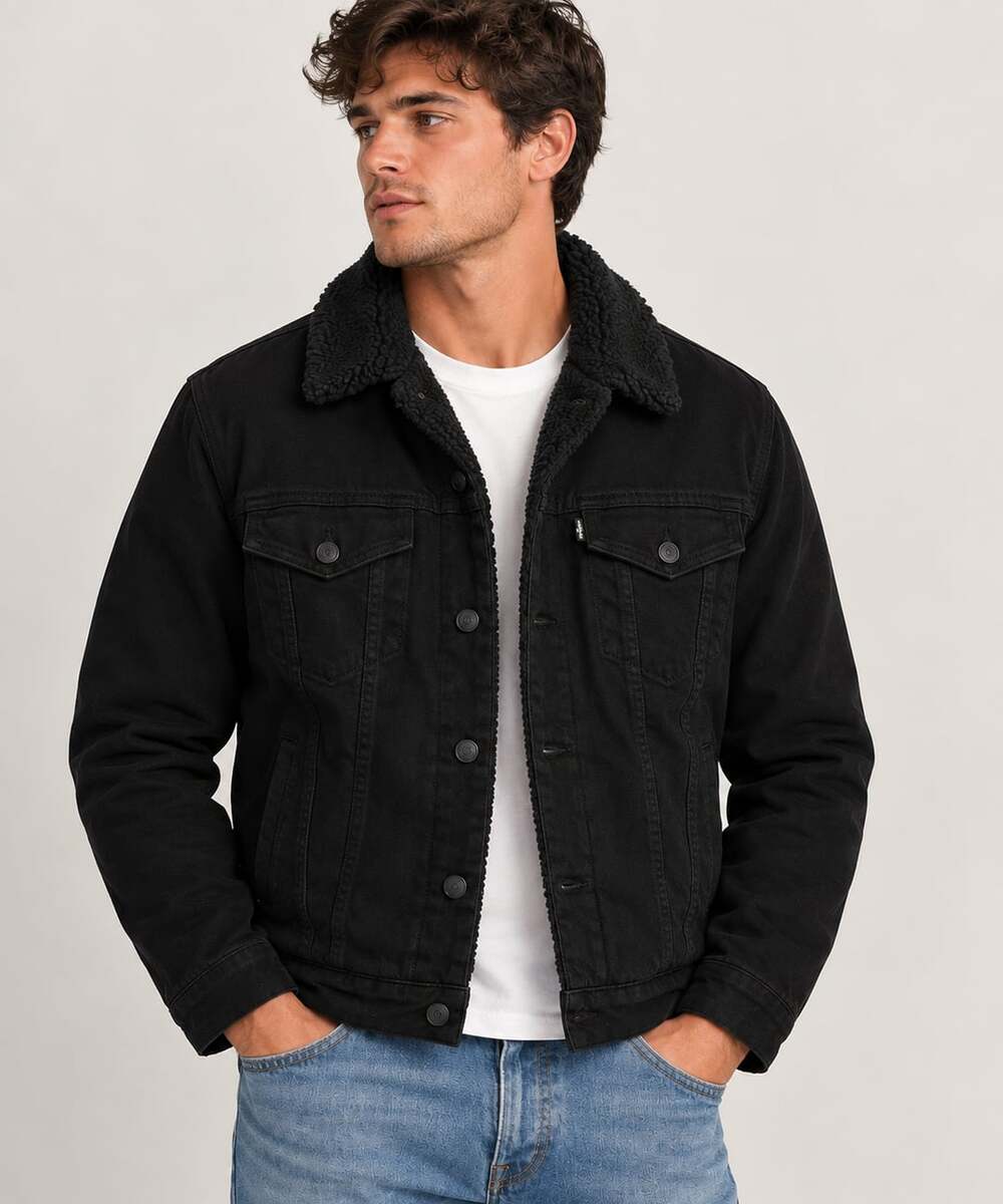 Levi's Type III Sherpa Trucker Jacket Black Denim Size Large
